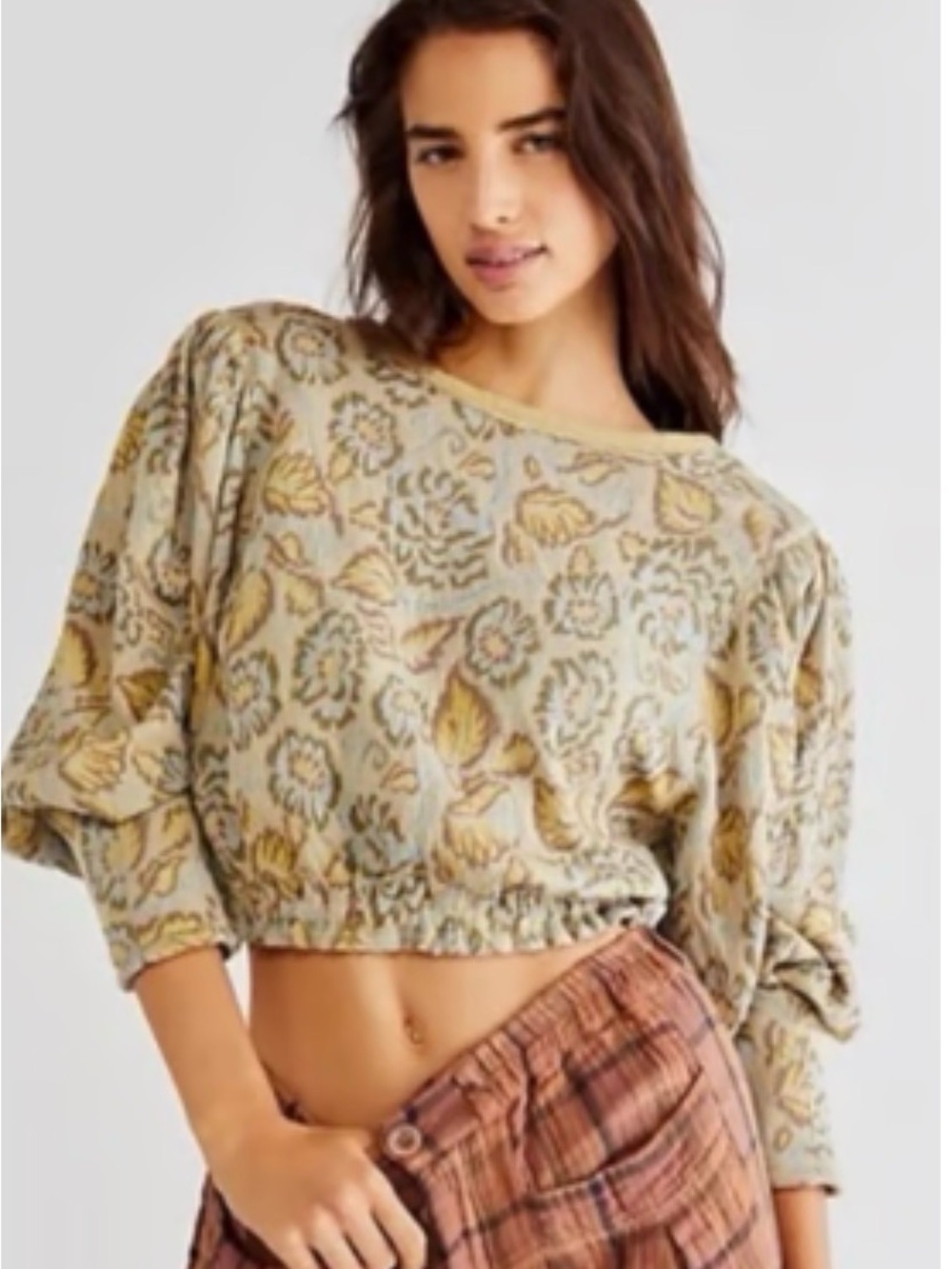 Free People Cropped Pullover Top in Yellow and Cream Floral